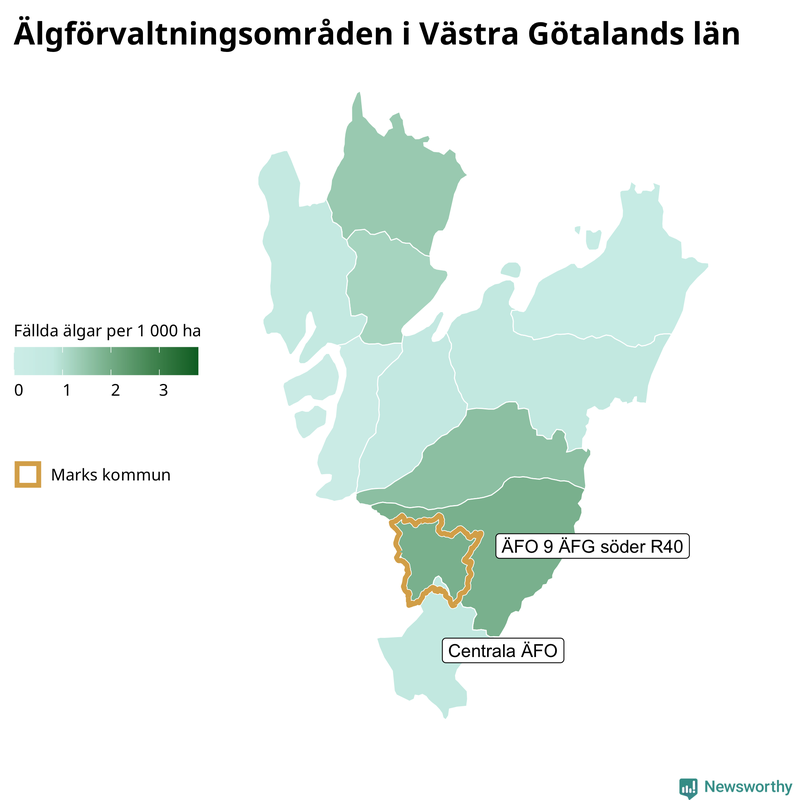 Fällda älgar per 1&nbsp;000 hektar Västra Götalands län