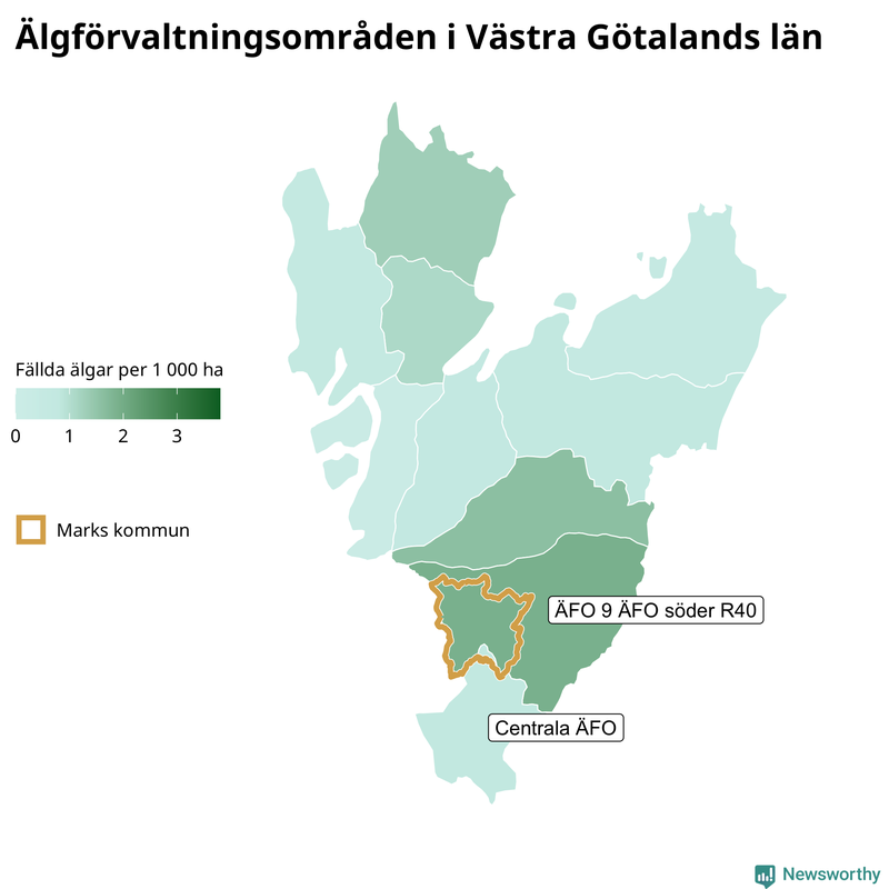 Fällda älgar per 1 000 hektar Västra Götalands län