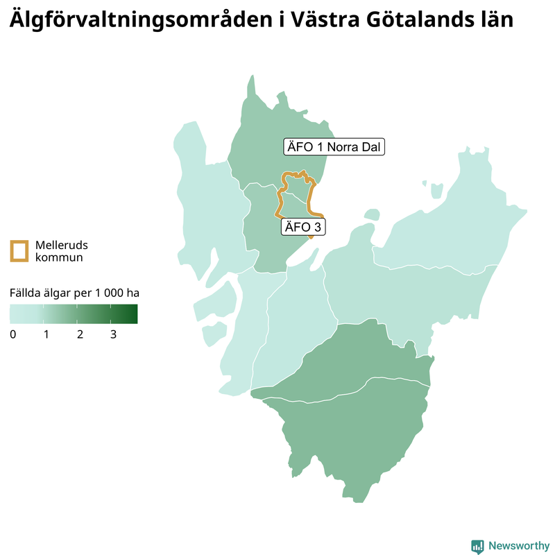 Fällda älgar per 1&nbsp;000 hektar Västra Götalands län