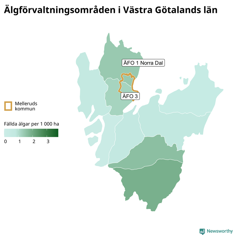 Fällda älgar per 1&nbsp;000 hektar Västra Götalands län