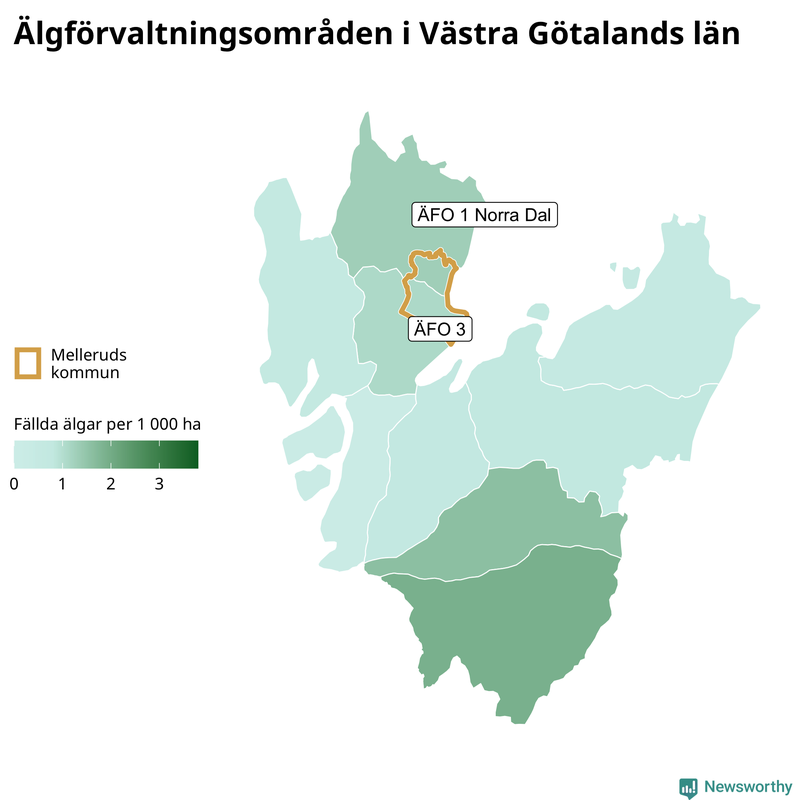 Fällda älgar per 1 000 hektar Västra Götalands län