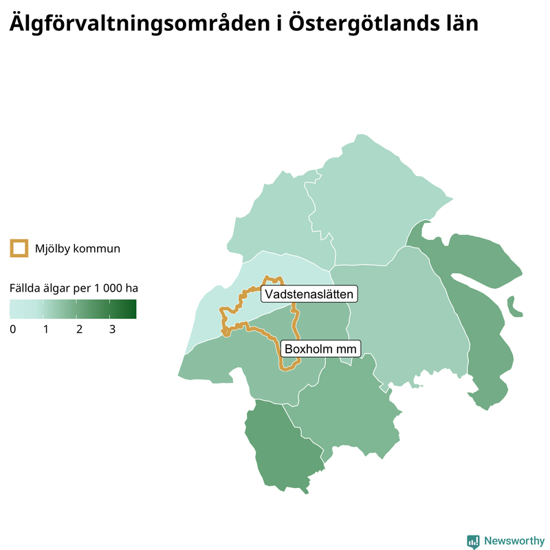 Fällda älgar per 1&nbsp;000 hektar Östergötlands län