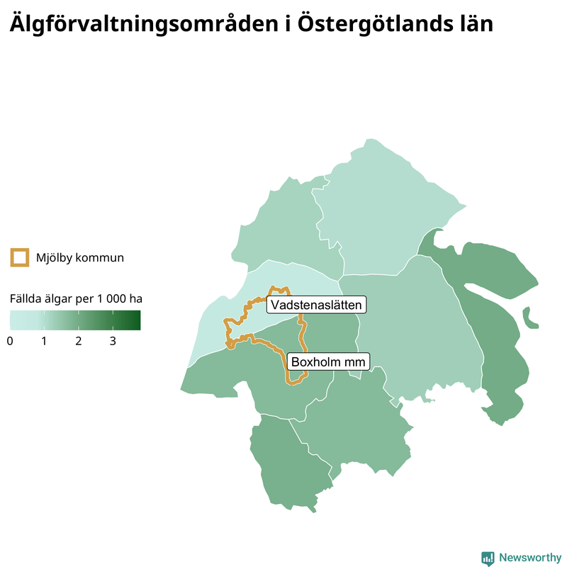 Fällda älgar per 1 000 hektar Östergötlands län