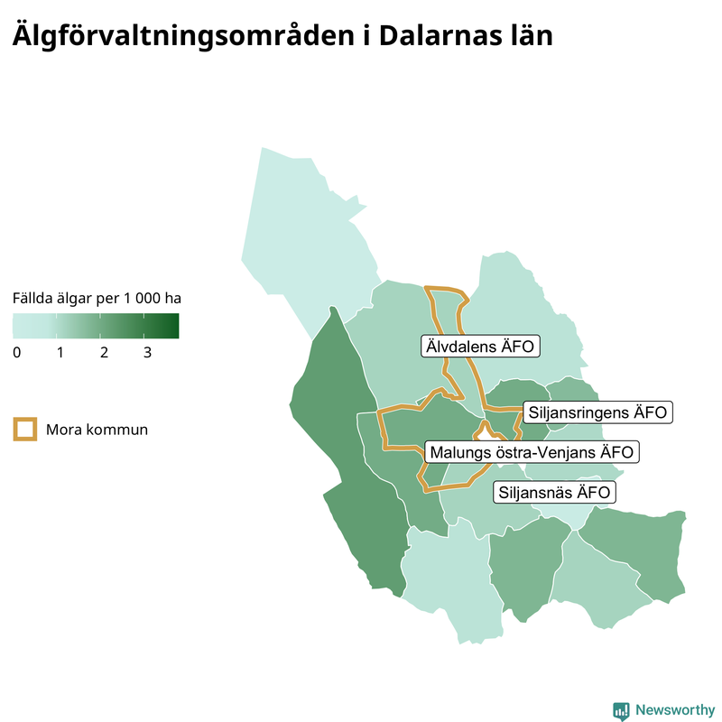 Fällda älgar per 1 000 hektar Dalarnas län