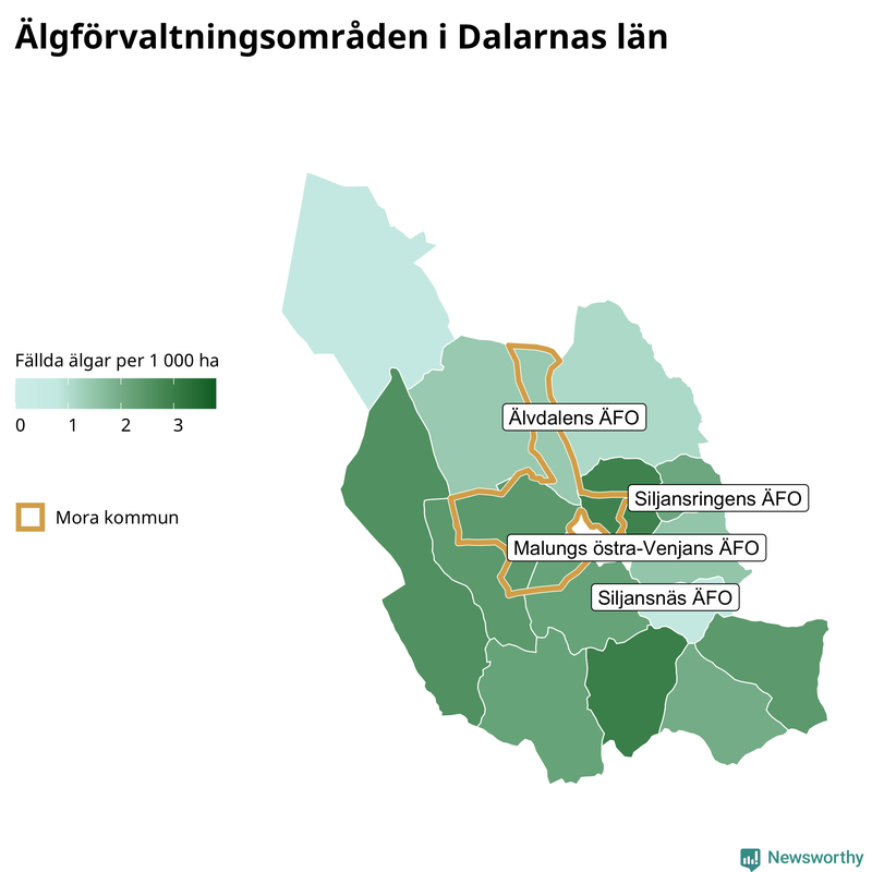 Fällda älgar per 1&nbsp;000 hektar Dalarnas län