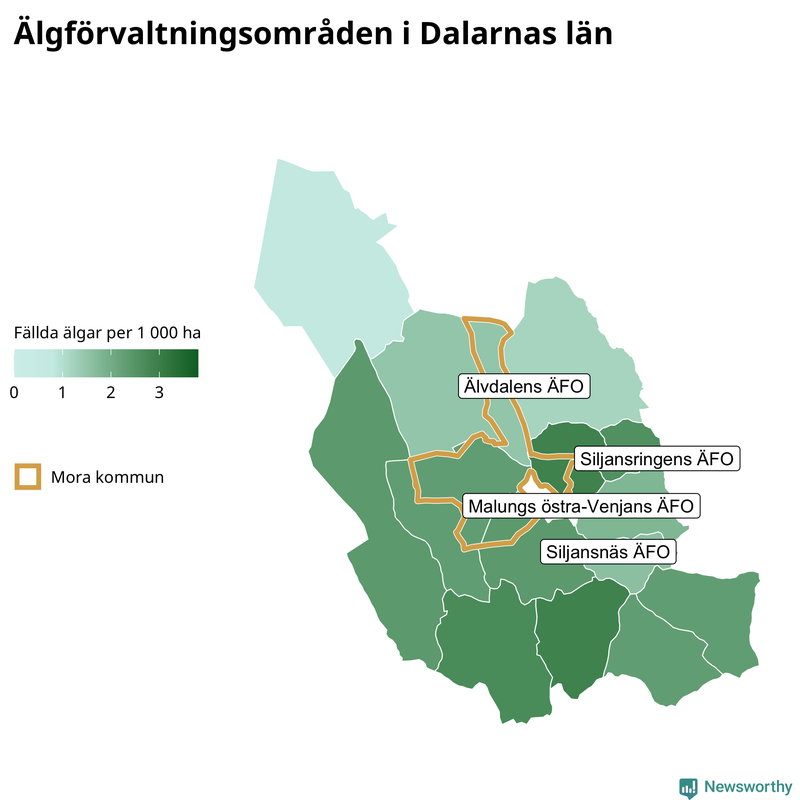 Fällda älgar per 1 000 hektar Dalarnas län