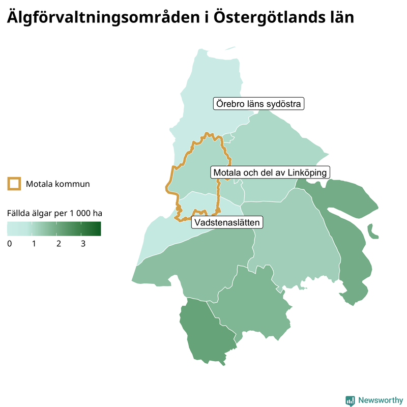 Fällda älgar per 1&nbsp;000 hektar Östergötlands län