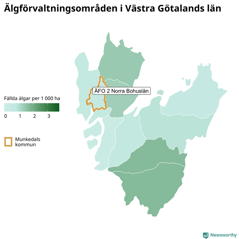 Fällda älgar per 1&nbsp;000 hektar Västra Götalands län
