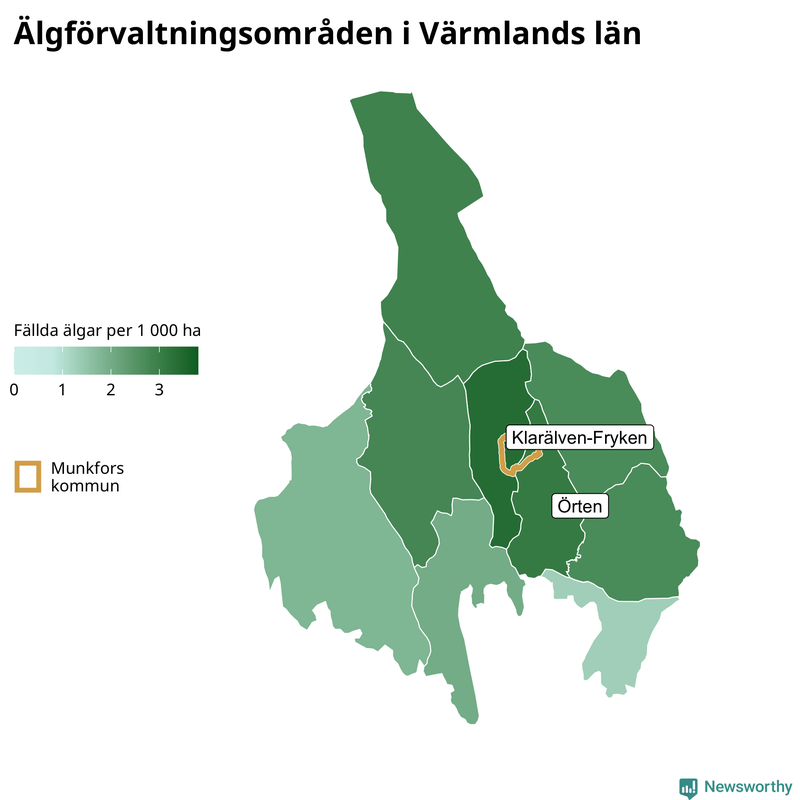 Fällda älgar per 1 000 hektar Värmlands län