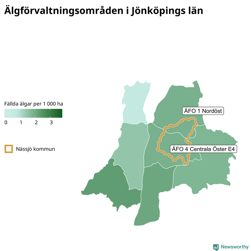Fällda älgar per 1&nbsp;000 hektar Jönköpings län