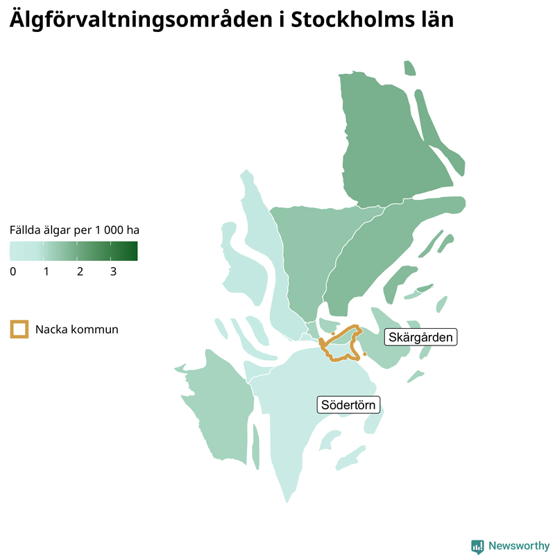 Fällda älgar per 1&nbsp;000 hektar Stockholms län