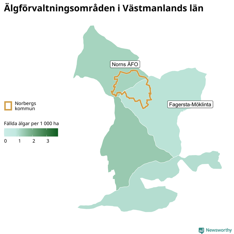 Fällda älgar per 1 000 hektar Västmanlands län