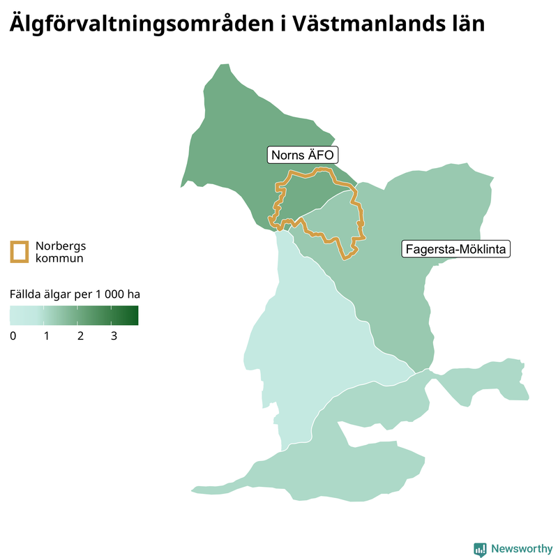 Fällda älgar per 1&nbsp;000 hektar Västmanlands län