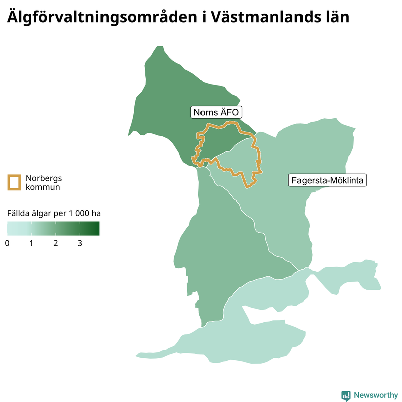 Fällda älgar per 1 000 hektar Västmanlands län