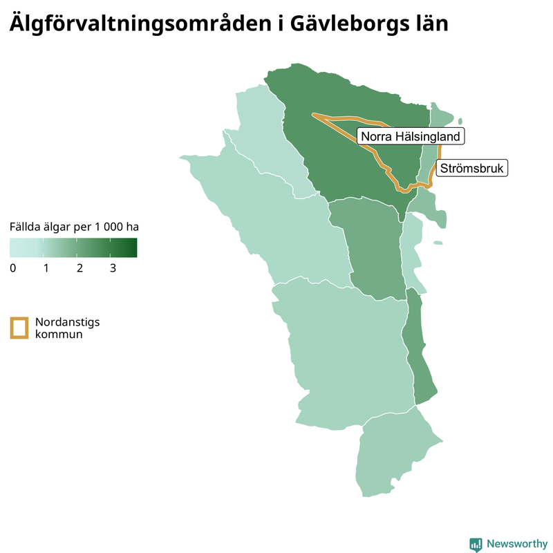 Fällda älgar per 1&nbsp;000 hektar Gävleborgs län