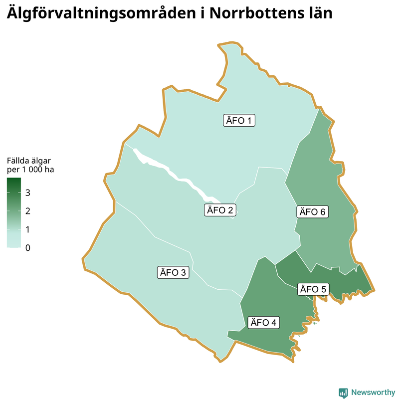 Fällda älgar per 1&nbsp;000 hektar Norrbottens län