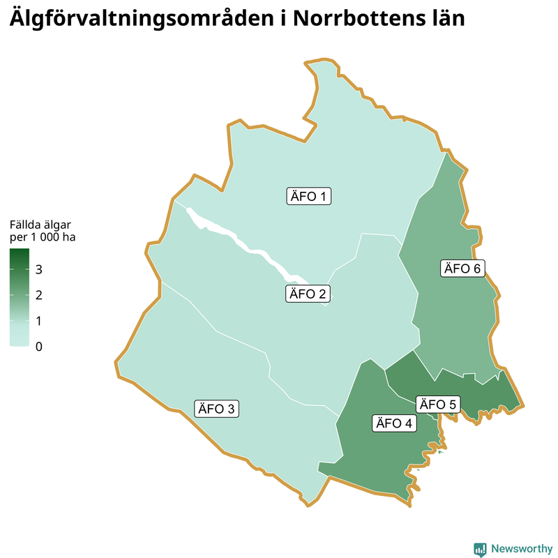 Fällda älgar per 1&nbsp;000 hektar Norrbottens län