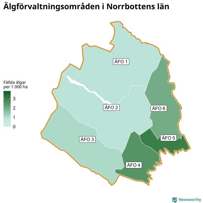 Fällda älgar per 1 000 hektar Norrbottens län