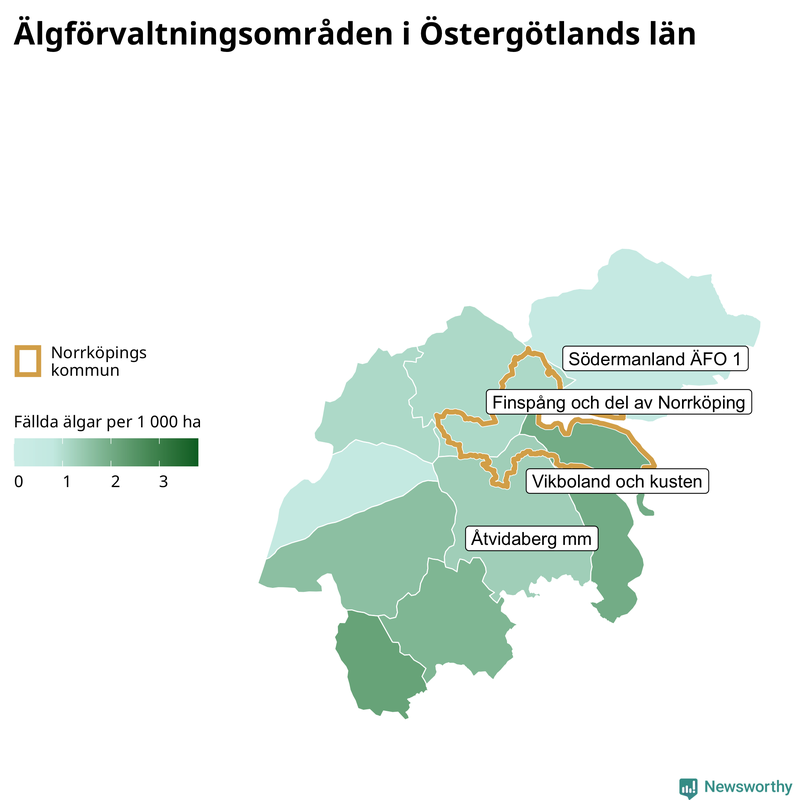 Fällda älgar per 1&nbsp;000 hektar Östergötlands län