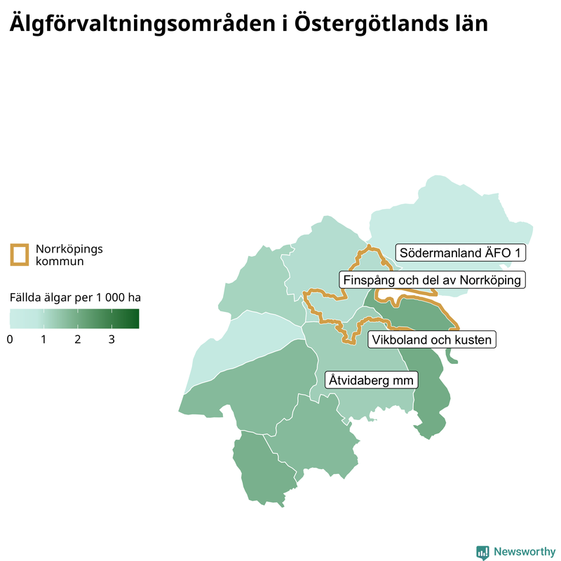 Fällda älgar per 1 000 hektar Östergötlands län