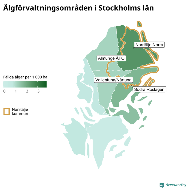 Fällda älgar per 1&nbsp;000 hektar Stockholms län