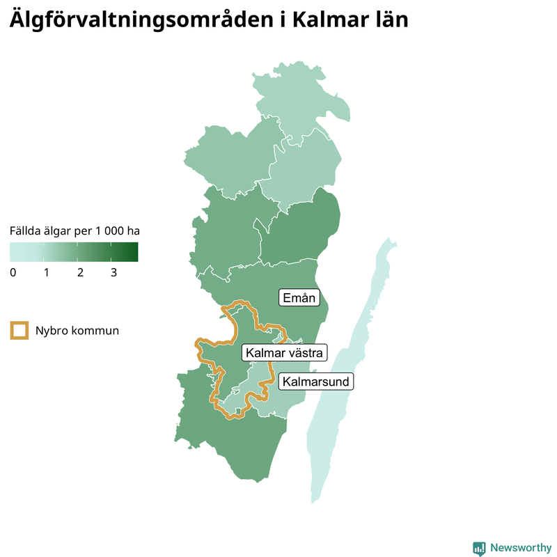 Fällda älgar per 1&nbsp;000 hektar Kalmar län