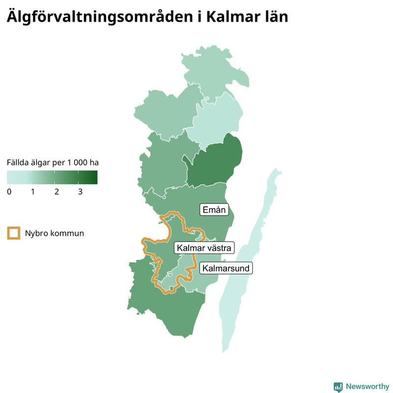 Fällda älgar per 1&nbsp;000 hektar Kalmar län