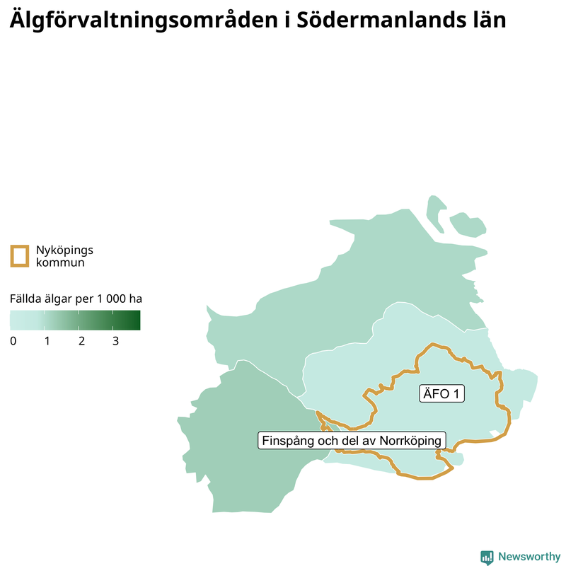 Fällda älgar per 1&nbsp;000 hektar Södermanlands län