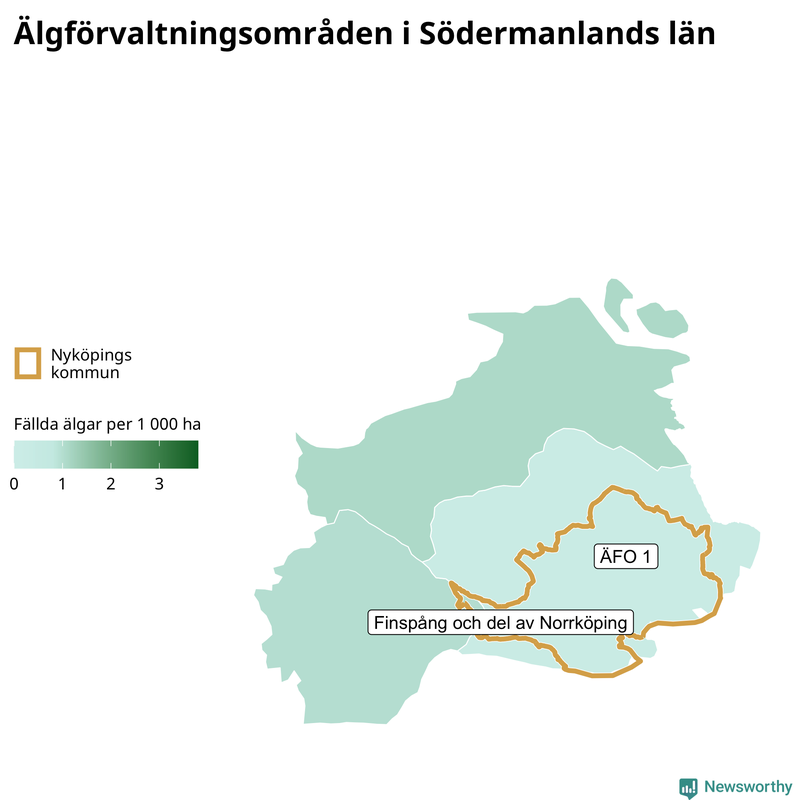Fällda älgar per 1 000 hektar Södermanlands län