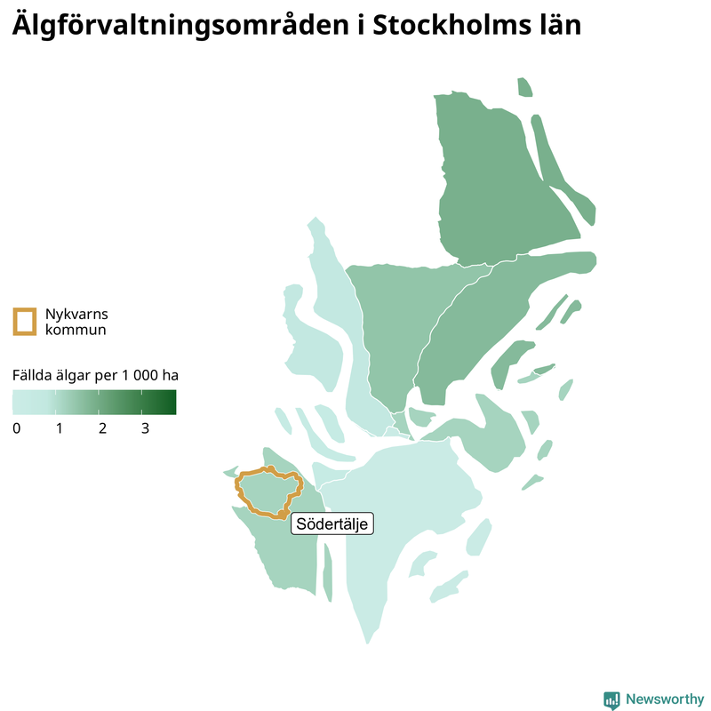 Fällda älgar per 1&nbsp;000 hektar Stockholms län