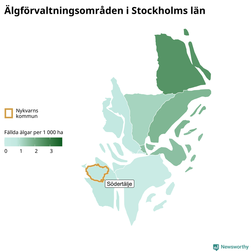 Fällda älgar per 1&nbsp;000 hektar Stockholms län