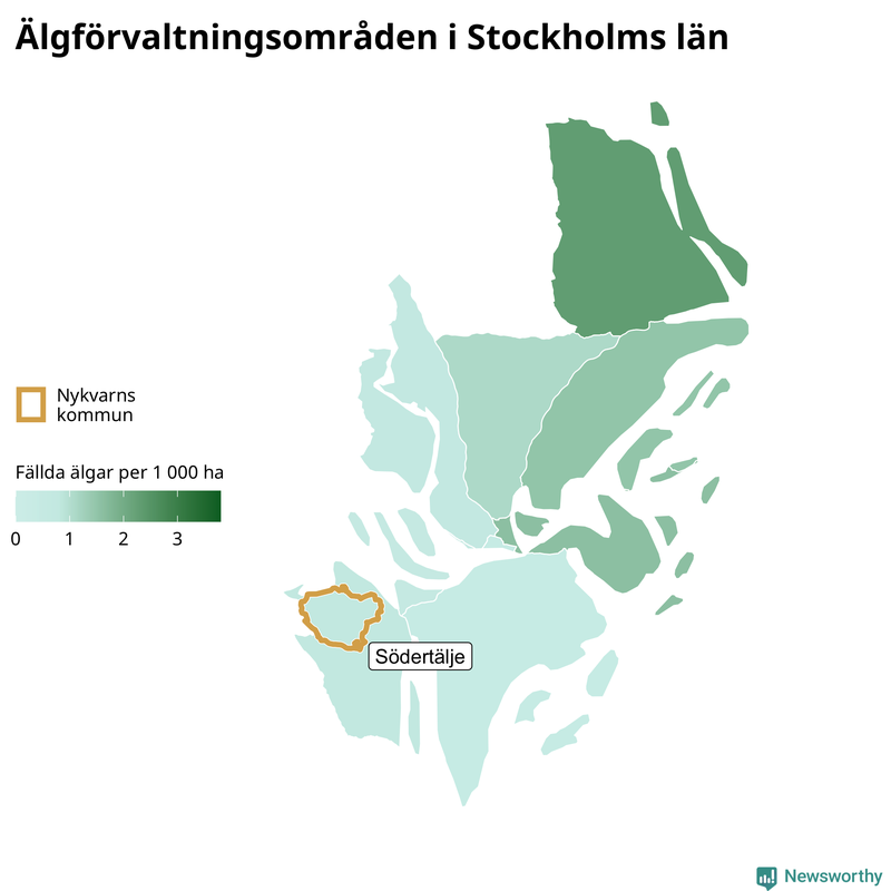 Fällda älgar per 1&nbsp;000 hektar Stockholms län