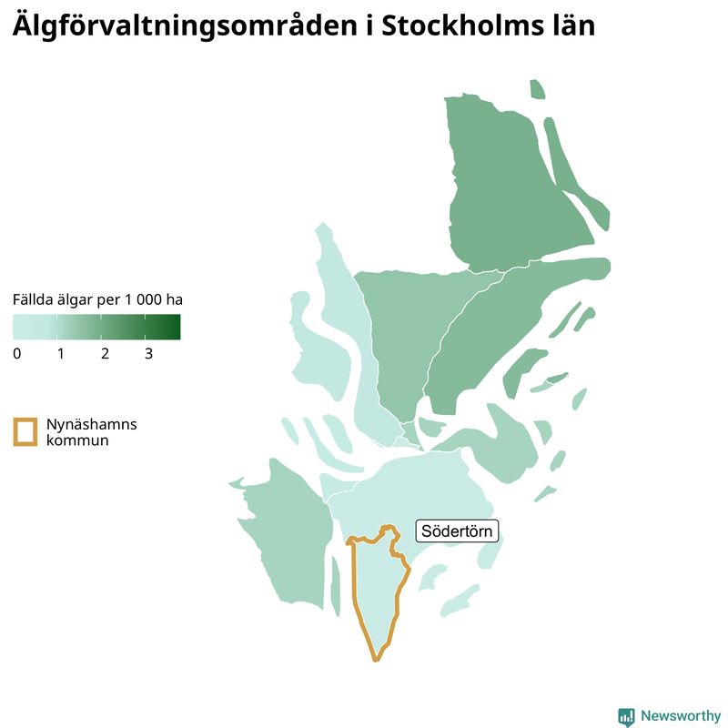 Fällda älgar per 1&nbsp;000 hektar Stockholms län