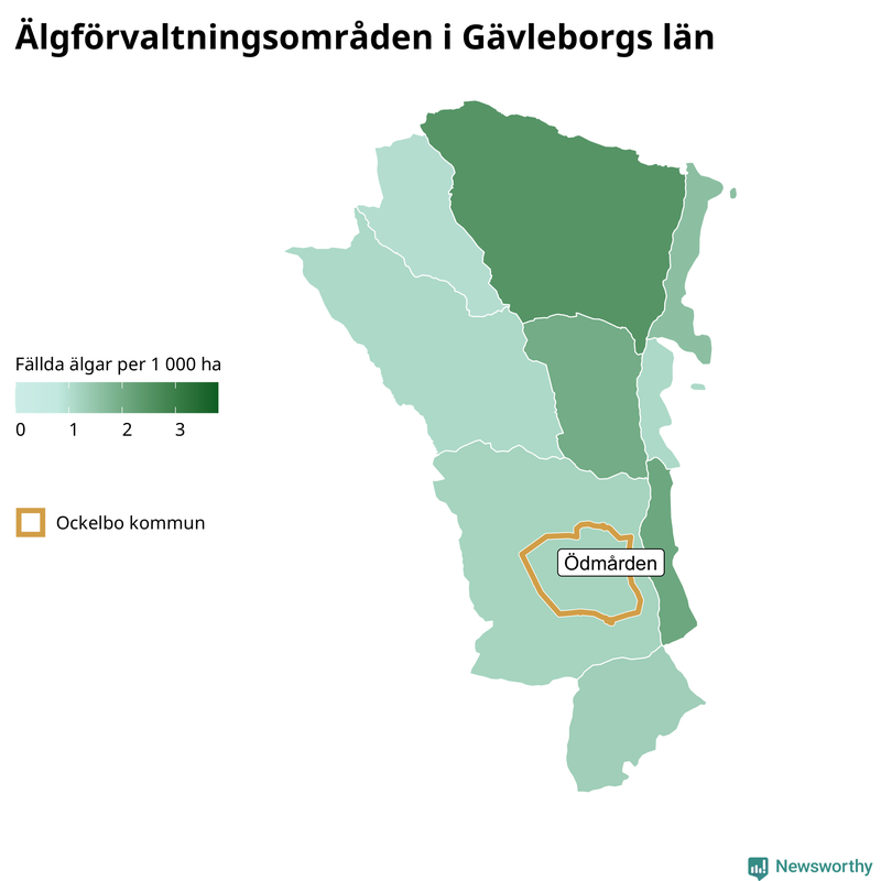Fällda älgar per 1&nbsp;000 hektar Gävleborgs län