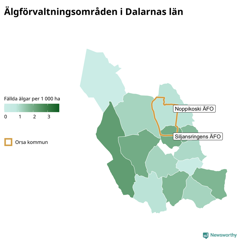 Fällda älgar per 1 000 hektar Dalarnas län