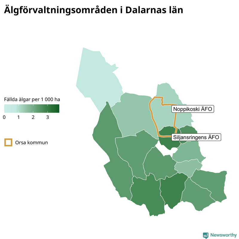 Fällda älgar per 1 000 hektar Dalarnas län