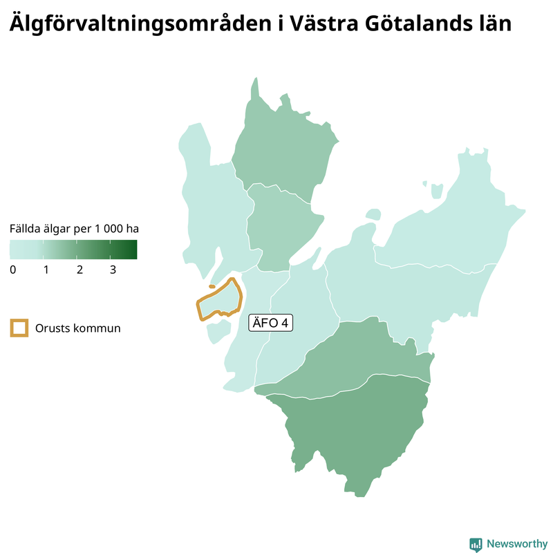 Fällda älgar per 1&nbsp;000 hektar Västra Götalands län