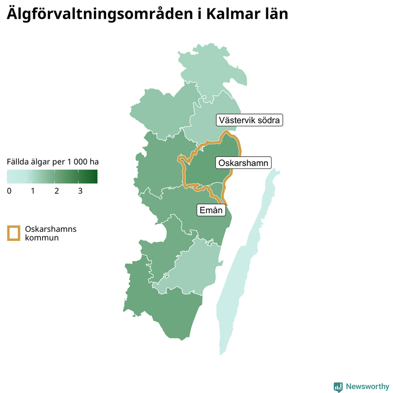 Fällda älgar per 1&nbsp;000 hektar Kalmar län