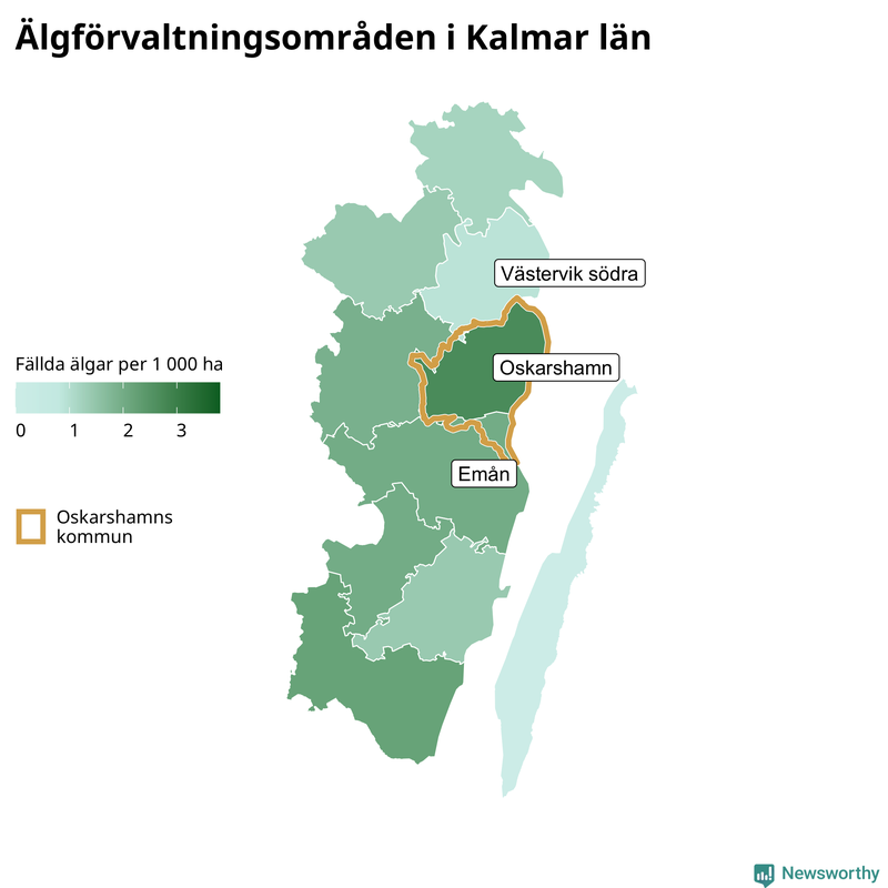 Fällda älgar per 1&nbsp;000 hektar Kalmar län