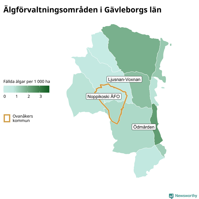 Fällda älgar per 1 000 hektar Gävleborgs län