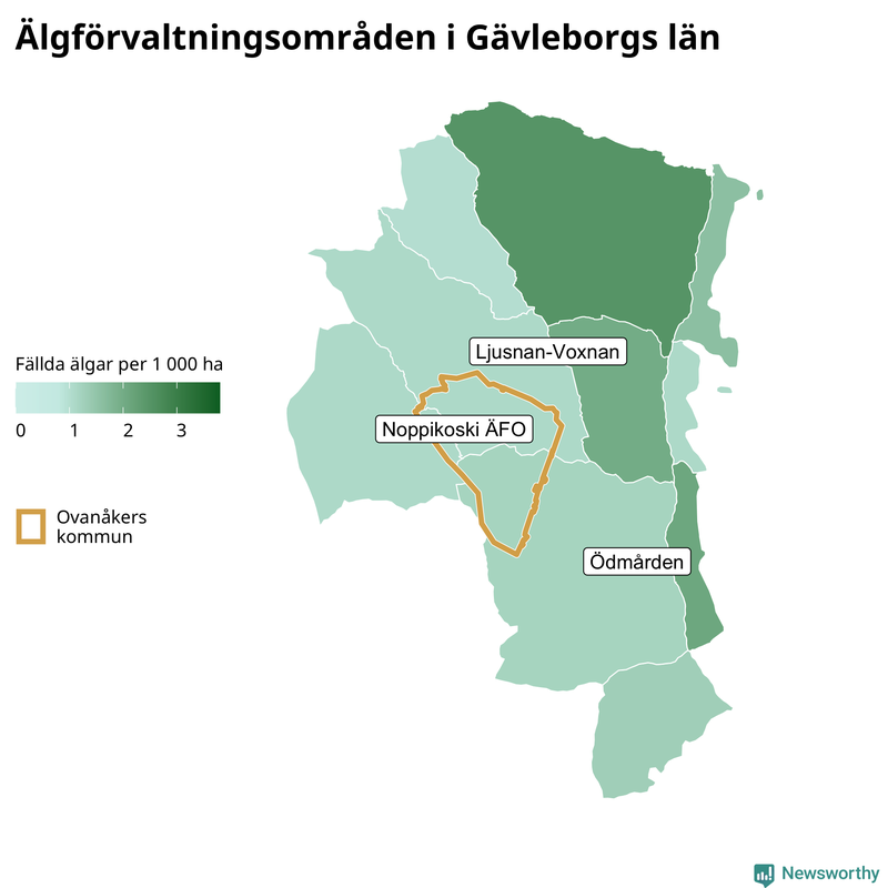 Fällda älgar per 1&nbsp;000 hektar Gävleborgs län