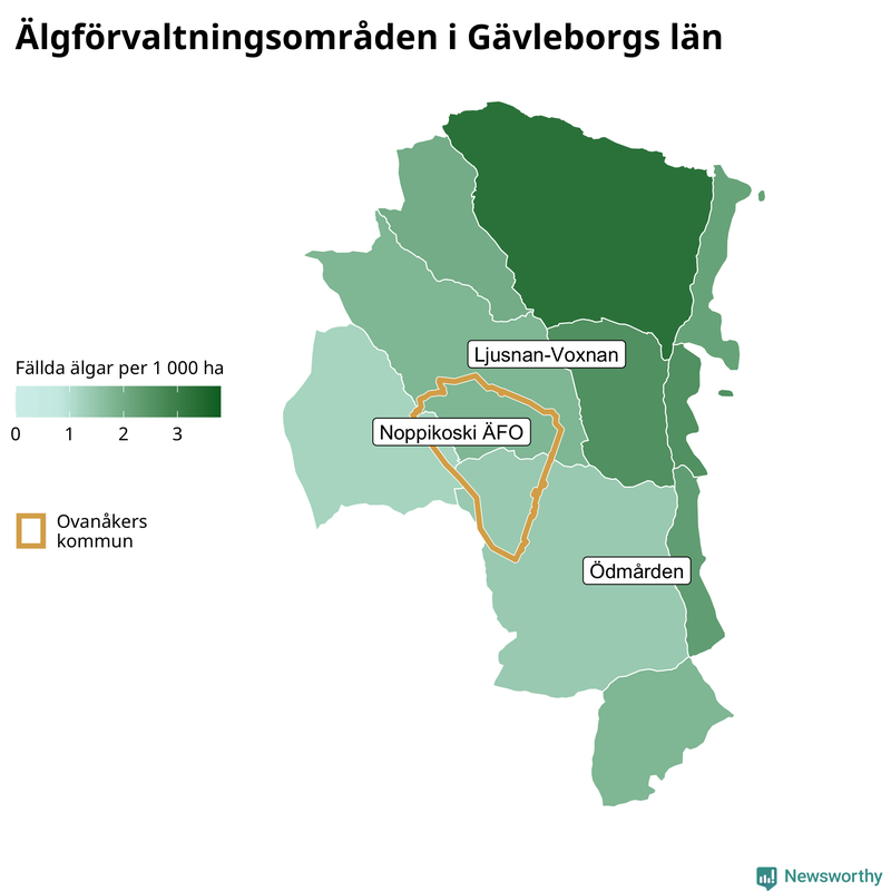 Fällda älgar per 1 000 hektar Gävleborgs län