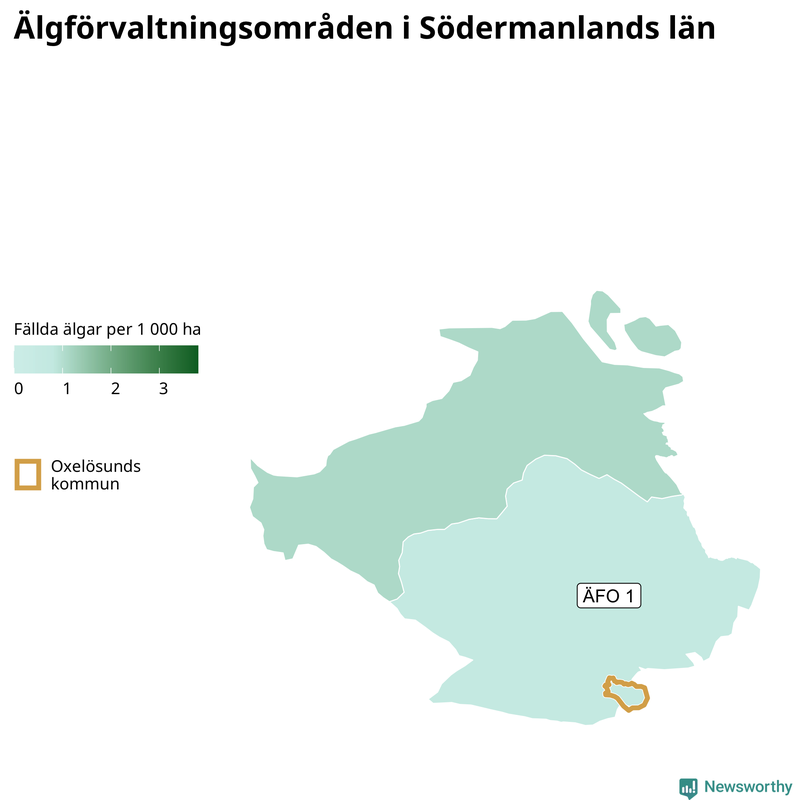 Fällda älgar per 1&nbsp;000 hektar Södermanlands län