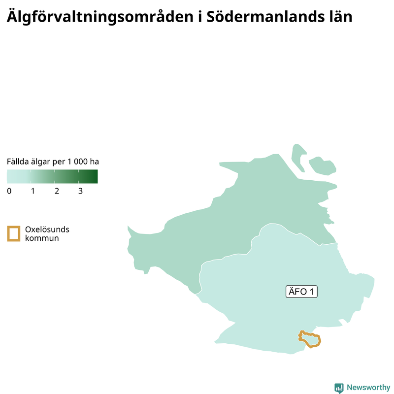 Fällda älgar per 1&nbsp;000 hektar Södermanlands län