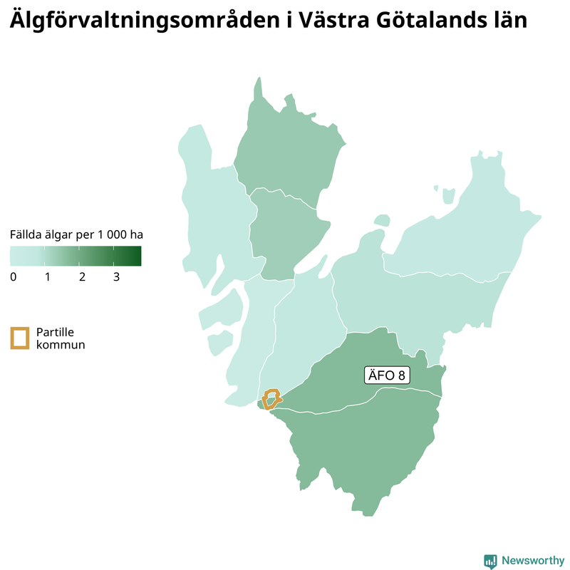 Fällda älgar per 1&nbsp;000 hektar Västra Götalands län