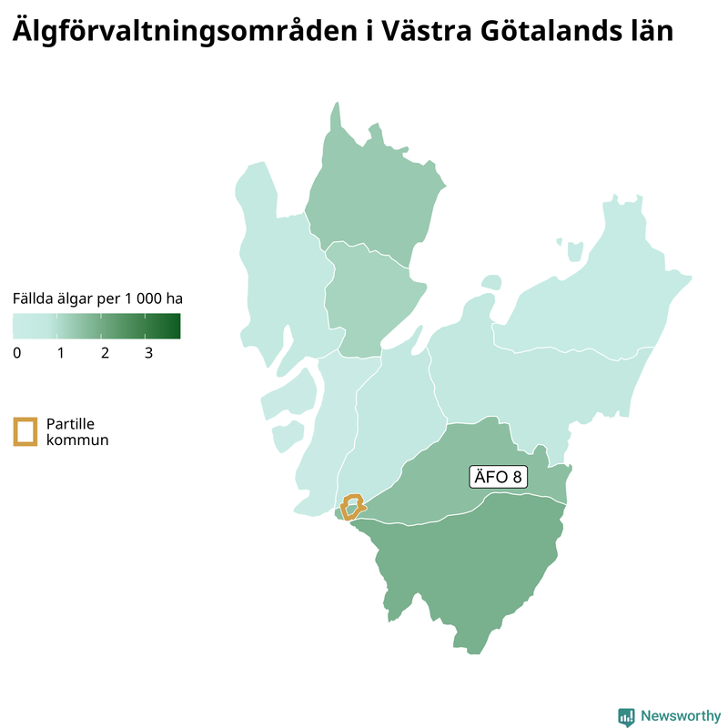 Fällda älgar per 1&nbsp;000 hektar Västra Götalands län