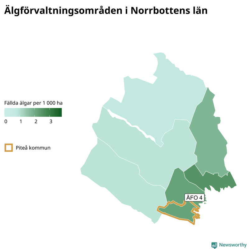 Fällda älgar per 1&nbsp;000 hektar Norrbottens län
