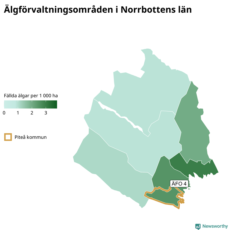 Fällda älgar per 1&nbsp;000 hektar Norrbottens län