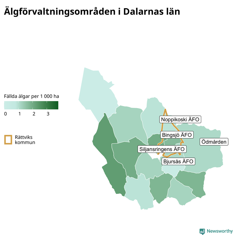 Fällda älgar per 1&nbsp;000 hektar Dalarnas län
