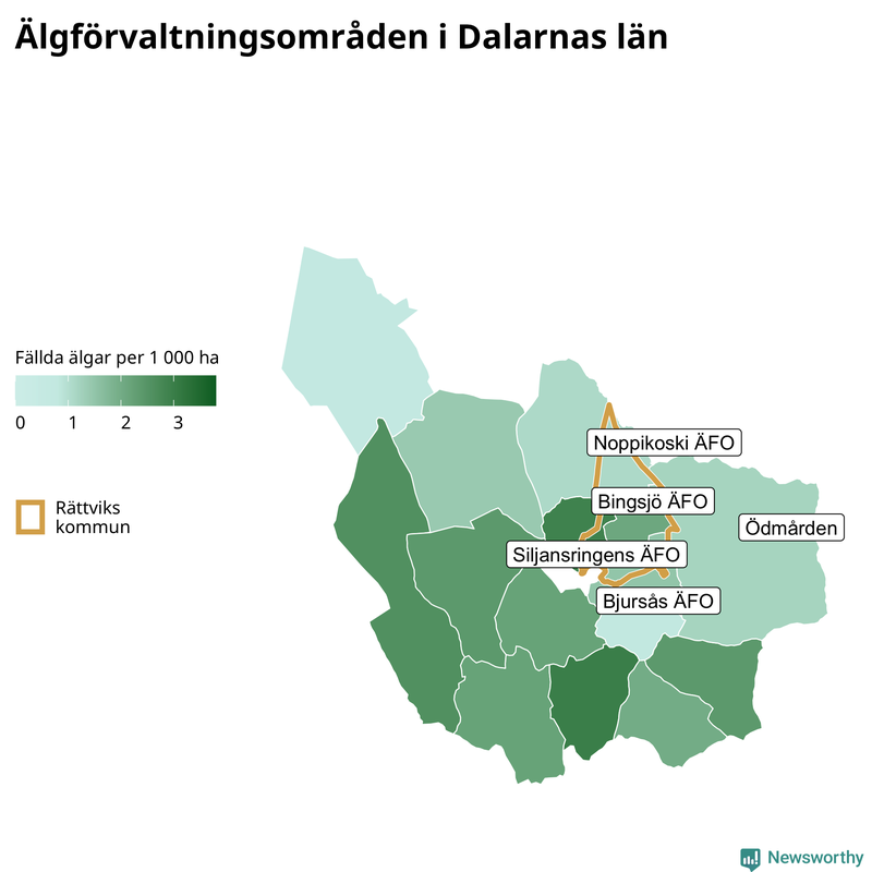 Fällda älgar per 1&nbsp;000 hektar Dalarnas län